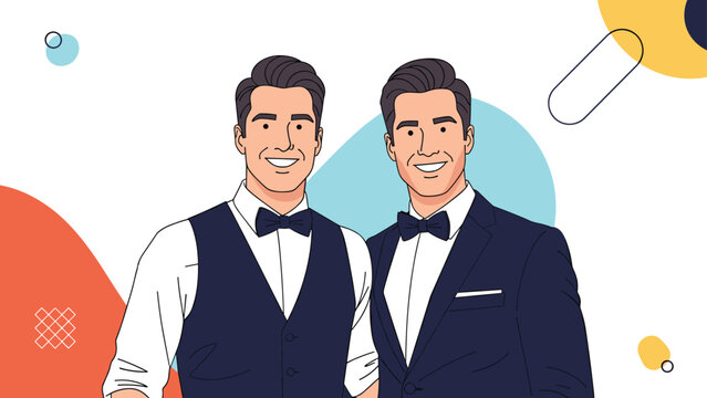 Two stylish men posing in formal evening wear including a waistcoat and a classic dark suit with bow ties.