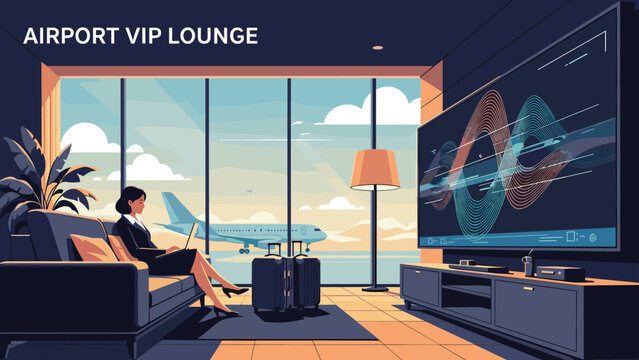 Professional woman working on a laptop in a luxury airport vip lounge with a view of a plane and a large digital screen display.