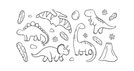 cute dino vector line clipart set. hand drawn illustrations Stegosaurus, Tyrannosaurus Rex, Triceratops, Pterodactyl, Brachiosaurus, volcano, leaves, rocks and flowers. isolated editable jurassic © curly