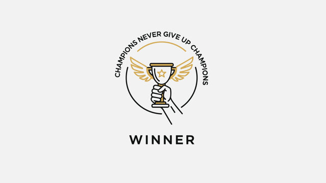 Winner logo design with a hand holding a golden trophy cup with wings and the phrase champions never give up in a circular badge.