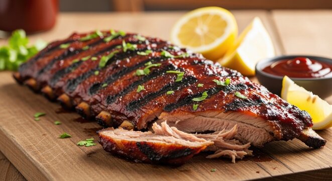 A sliced piece of grilled ribs on a wooden cutting board with a side of lemon wedges and a small bowl of ketchup.
