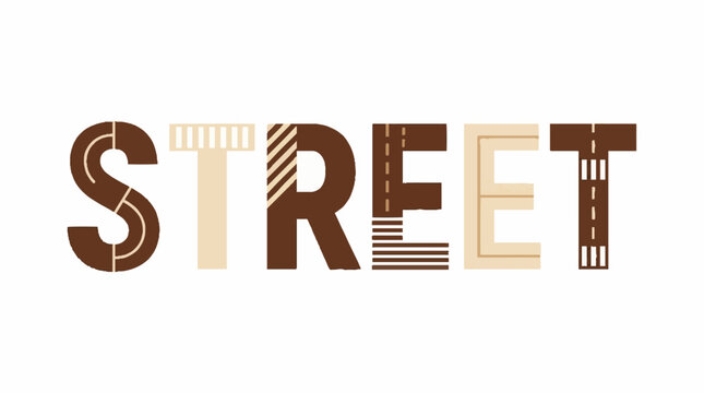 Typography design of the word STREET with road and urban infrastructure patterns in a flat vector illustration style on a white background