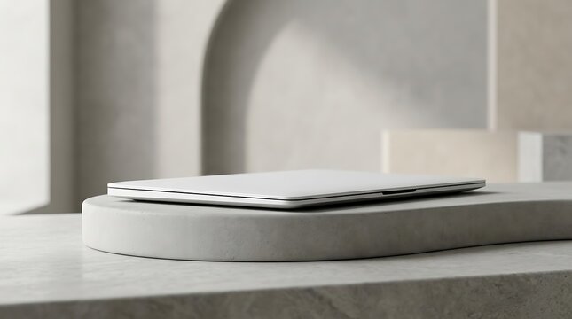 Closed laptop device resting on neutral concrete pedestal for tech product showcase and digital branding presentation