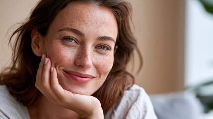 Fototapeta premium A young woman with freckles and fine lines smiles calmly in a bright studio with soft beige background natural makeup soft diffused daylight gentle confident expression