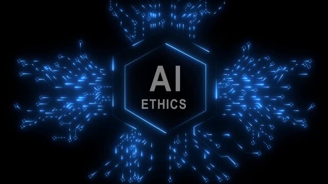 Glowing ai ethics emblem surrounded by digital networks and swirling black background 4k video...