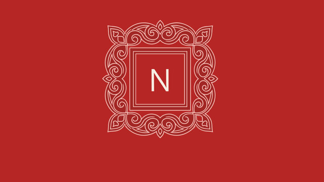 Elegant monogram with letter N inside a white decorative frame centered on a solid red background for luxury branding.