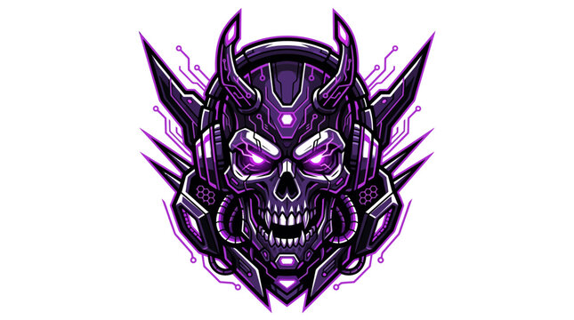 Cyberpunk Skull with Horns and Glowing Purple Eyes, Futuristic Tech Design