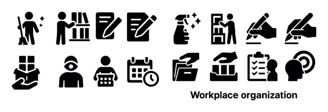 Workplace icons with hand folder checklist solid