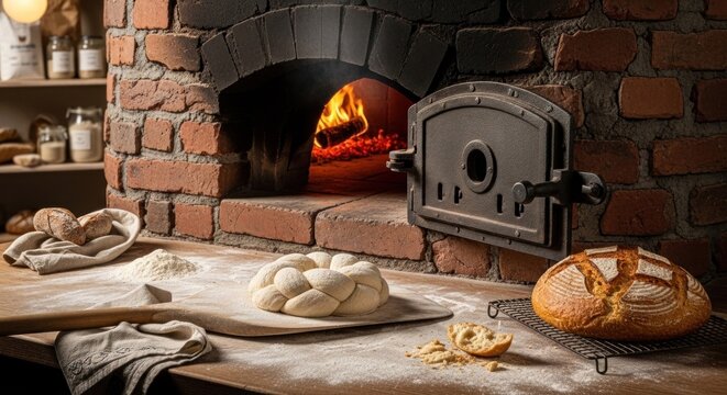 A rustic kitchen scene with a brick oven, bread, and a loaf of bread on a wooden table.