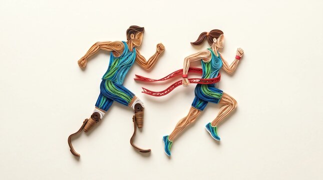 Premium 3D paper quilling illustration of para athletes with running blades crossing the finish line