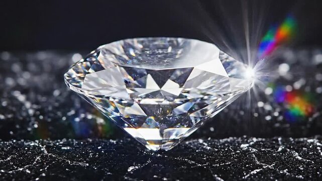 Close up of sparkling diamond gemstone on textured black surface with bright reflections and shine