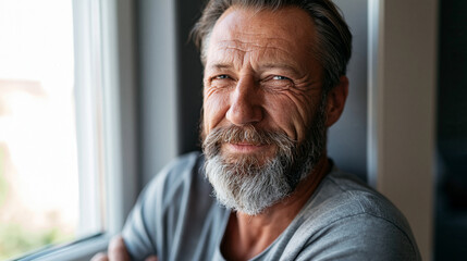 Obraz premium A mature man with weathered skin and gray beard smiles gently near a bright window in a clean home interior soft daylight highlighting natural wrinkles and facial texture
