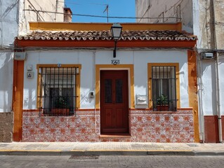 Fototapeta premium Small white house with orange trim, red tiled bottom, and brown door