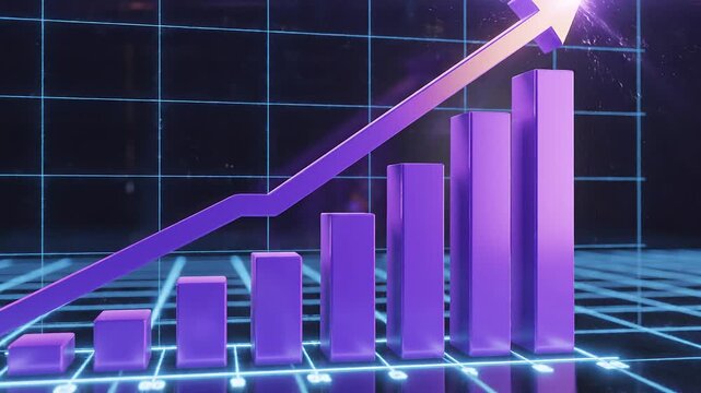Futuristic 3D bar graph with rising purple bars, glowing arrow ascending, abstract visualization of business growth, financial improvement, and technological advancement against digital grid backdrop.