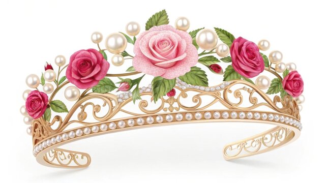 Elegant gold tiara with pink roses and pearls isolated on white background