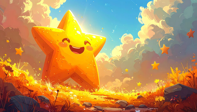 Joyful pixel art golden star character with happy face in warm sunlit field, surrounding by small stars and fluffy clouds