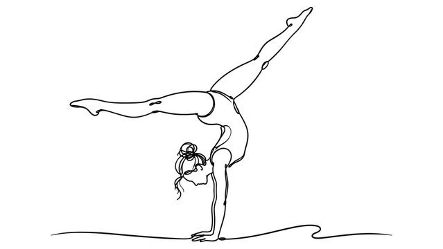 Dynamic single line drawing of a gymnast performing a handstand split pose, ideal for fitness, flexibility, sports, and balance concepts.