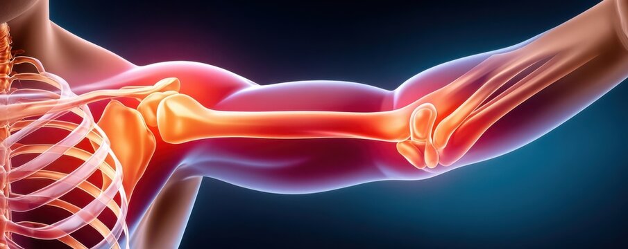 Illustration of human arm and elbow joint pain with inflamed anatomy and glowing inflammation