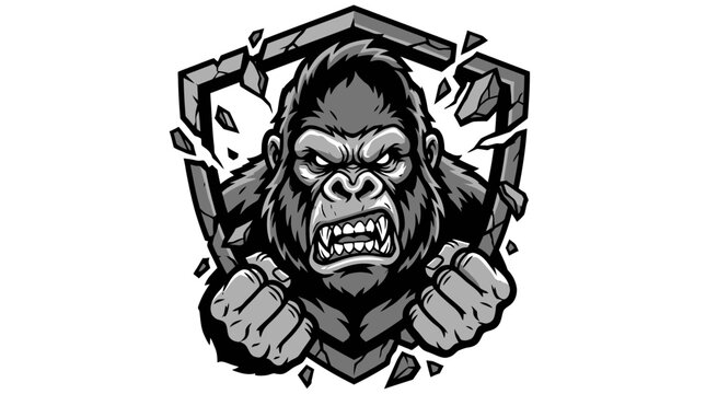 Aggressive Gorilla Breaking Through Shield Emblem, Fierce Ape Power Symbol