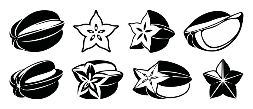 Star fruit vector icon set featuring black and white carambola slices and whole exotic tropical fruits isolated on a white background for minimalist organic food branding and graphic design elements.