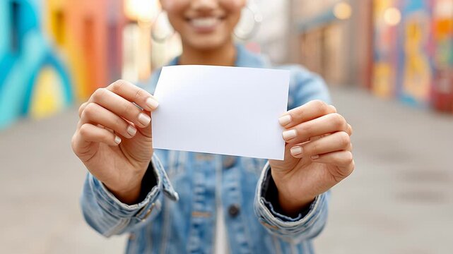 Woman holding blank card in urban scene wearing denim jacket for mockup or message display