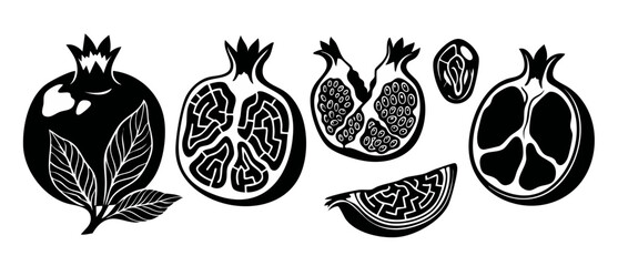 Fototapeta premium Pomegranate fruit vector silhouette set displaying whole, cut halves, slices, and seeds with leaves on white background for organic food packaging, graphic design, and minimalist line art decor.