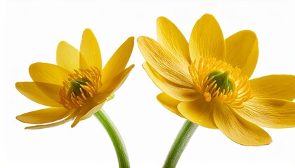 Obraz premium Two Flowers Of Marsh Marigold Isolated On White Background Kingcup