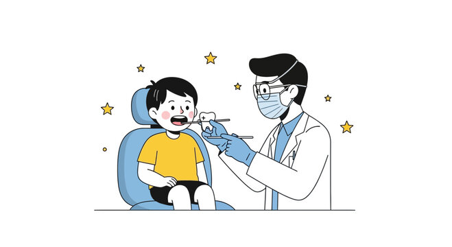 Dentist examining child's teeth, cartoon illustration, healthcare concept