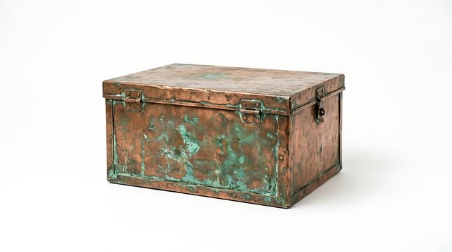 Isolated antique copper chest with oxidized verdigris patina textured surface vintage storage box treasure container