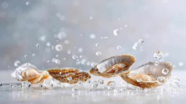 Fresh oysters splashing in mid-air with water droplets