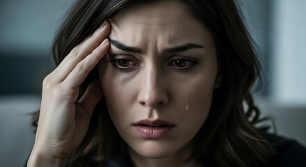 Fototapeta premium Sad woman crying with tears on her face and hand on forehead