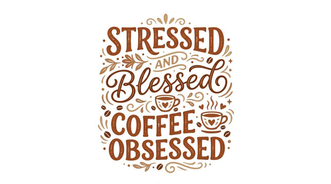 Stressed and Blessed Coffee Obsessed Typography with Coffee Cups and Beans