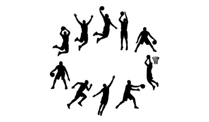 Professional basketball athlete black silhouette collection with dribbling dunk and shooting vector poses © MstKulsum