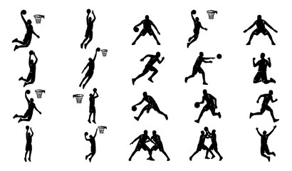 Fototapeta premium Modern basketball player silhouette vector set with black sports action poses and athletic movements