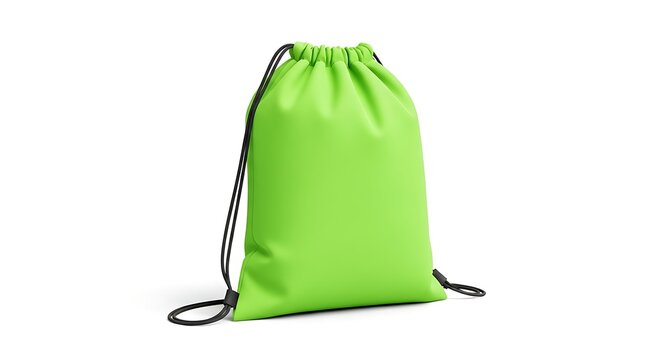 Isolated bright lime green drawstring backpack bag with black rope cord strap for sports fitness gym travel gear storage