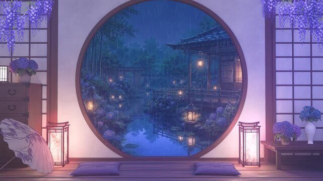 Rainy Japanese Garden Seen Through Round Window &ndash; Nighttime Anime-Style Looping Background Video 4K