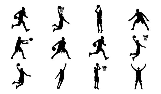 Basketball player black silhouette vector set with dynamic sports action poses collection