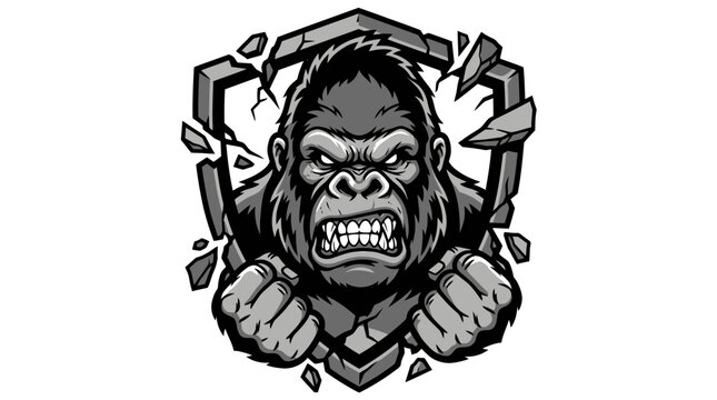 Angry Gorilla Breaking Through Hexagonal Frame, Aggressive Ape Face, Fierce Primate