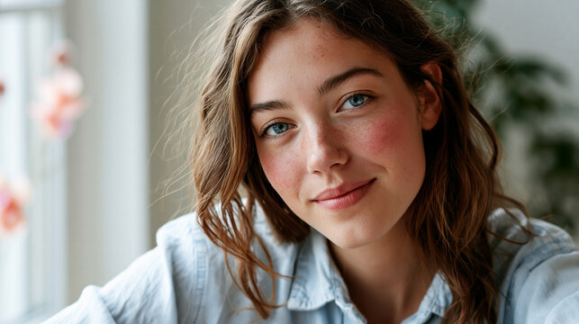 A young woman with rosacea prone cheeks looks peacefully into the camera in a bright clean studio with soft white daylight minimal makeup revealing natural redness and real skin