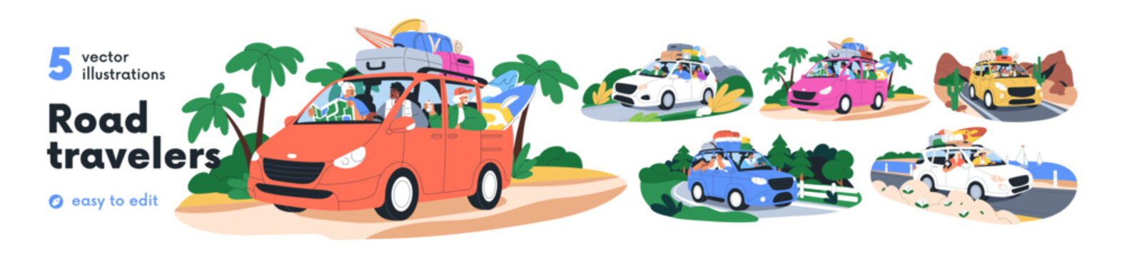 Happy families, friends travel by car, van set. People driving to sea, nature on summer holidays, weekend. Road trip, auto adventure, journey. Flat vector illustration isolated on white background