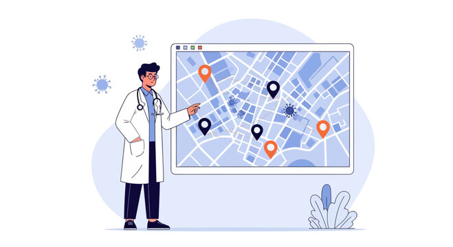 Doctor examines disease map with pins and virus icons