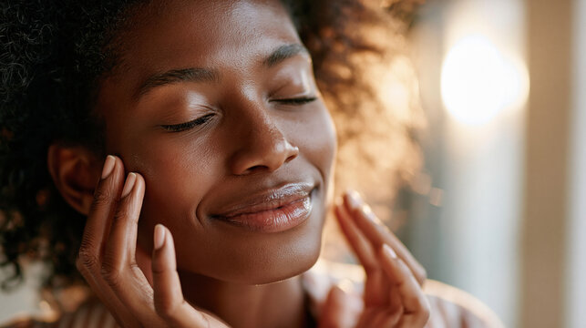 A woman with deep brown skin and natural hair touches her cheek gently in a bright clean studio with soft cream background radiant healthy glow minimal makeup calm confident