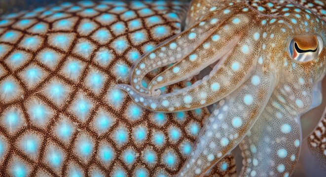 Close-up octopus, colorful textured skin, blue spots, underwater creature, animal tentacles