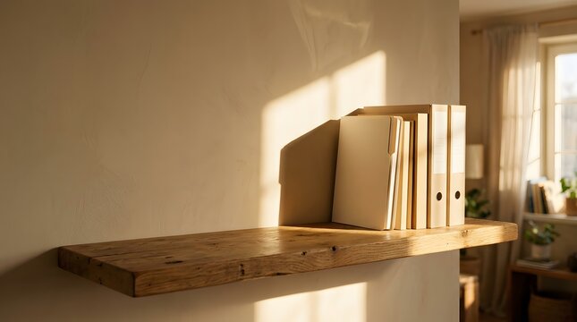 organized insurance policy binders and financial document folders on wooden shelf with warm sunlight for professional records management concept