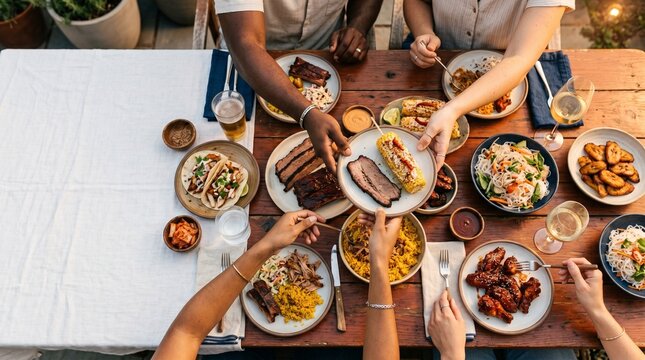 Overhead view of a diverse group of friends sharing a delicious outdoor dinner, a vibrant summer feast with various dishes, perfect for lifestyle and food photography.