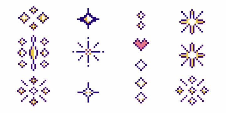 Pixel Art Diamond Shapes And Hearts On White Background