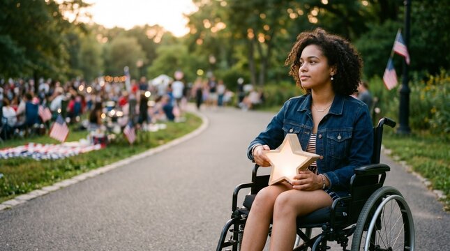 Empowered young woman in wheelchair holding a glowing star, celebrating independence and freedom. Diverse community gathering for a patriotic event, showcasing inclusivity and national pride.