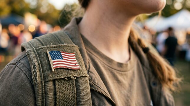 American flag patch on a military-style jacket, patriotic symbol of freedom and national pride, casual outdoor event, diverse crowd in soft focus