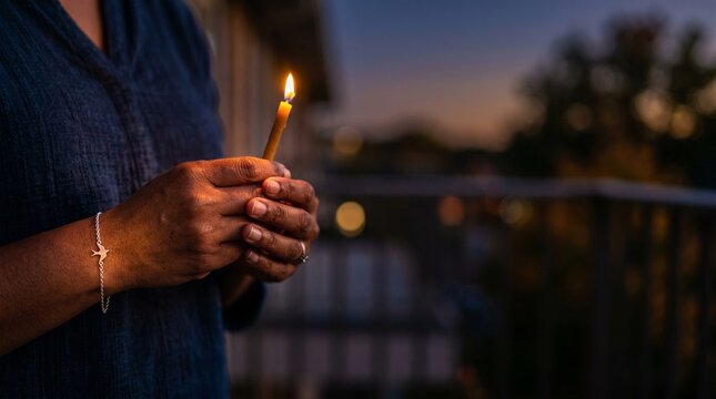 Woman holding a lit candle at dusk, a symbol of hope and remembrance. Evening light illuminating a single flame, representing peace, spirituality, and quiet reflection.