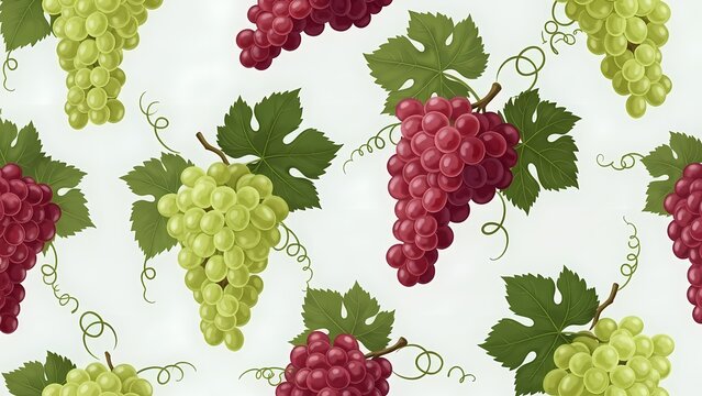 Seamless Grape Pattern with Red and Green Grape Clusters and Vine Leaves